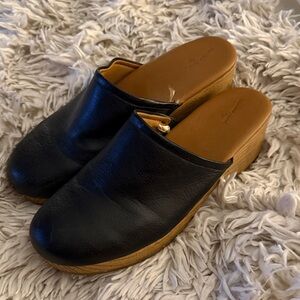 Black Leather Clog Mules with Wood-Effect Platform